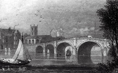 An old sketch of   Henley Bridge   with   Saint Mary's Church   in the background.