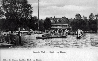 A lovely old view of Henley Regatta in full swing on the   River Thames   in front of the Leander Club.